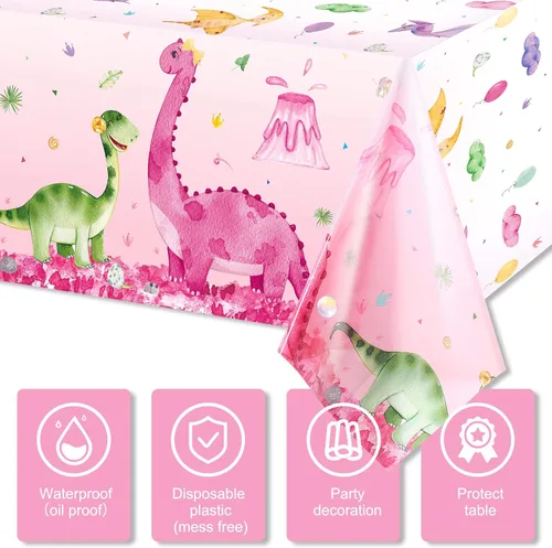 Vista 3 de Irenare 3 manteles de dinosaurio rosa para niñas, fundas de mesa rectangulares desechables de plástico con estampado de dinosaurios para niñas