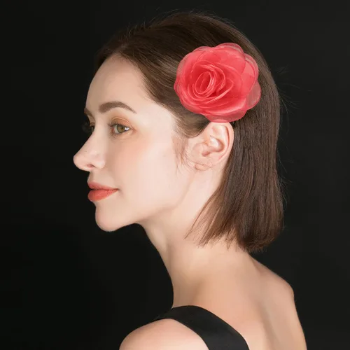 Vista 42 de adorables broches de rosas, clip para el cabello de flores de seda para mujer [joyas], sin metal, Rojo, XOTW05C4