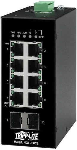 Vista 13 de Tripp Lite Conmutador Ethernet Gigabit PoE+ administrado industrial de 8 puertos de capa 2, puertos RJ45 de 10/100/1000 Mbps, montaje DIN