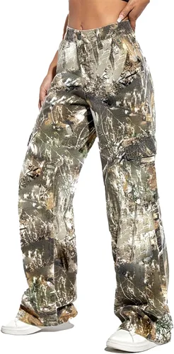 Vista 2 de Pantalones cargo de camuflaje para mujer, cintura alta, holgados, pierna ancha, camuflaje militar, pantalones deportivos ajustados con bolsillo