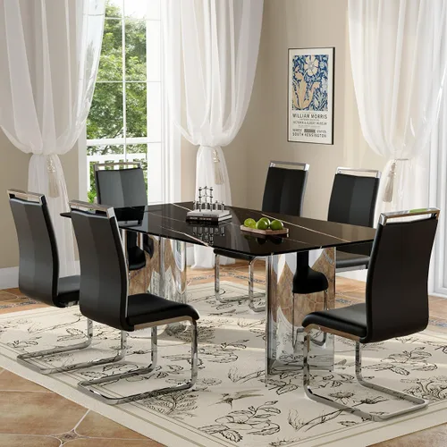 Vista 15 de Juego de mesa de comedor moderno para mesa de comedor de cristal de 6, 7 piezas, mesa de mármol sintético de 71 pulgadas con base de acero