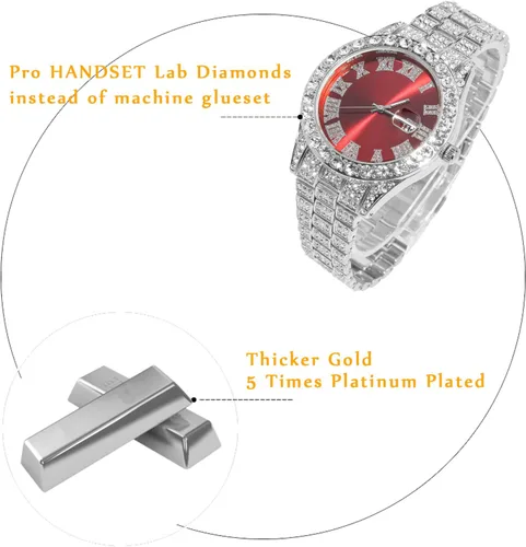 Vista 3 de Halukakah Reloj de diamantes para hombre, Presidente, chapado en oro real de 18 quilates, chapado en oro blanco platino y diamantes helados, 1.654