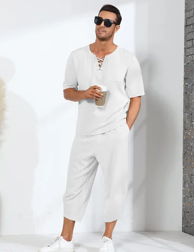 Vista 7 de Babioboa Conjunto de 2 piezas de lino para hombre, camisa hippie de manga corta y pantalones capri harén holgados para playa, pantalones de yoga