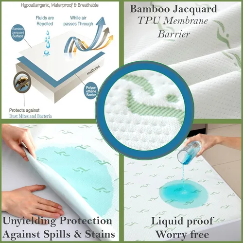 Vista 2 de Protector de colchón impermeable jacquard de bambú de lujo, ultrasuave, transpirable y silencioso, barrera 100% líquida para manchas y derrames