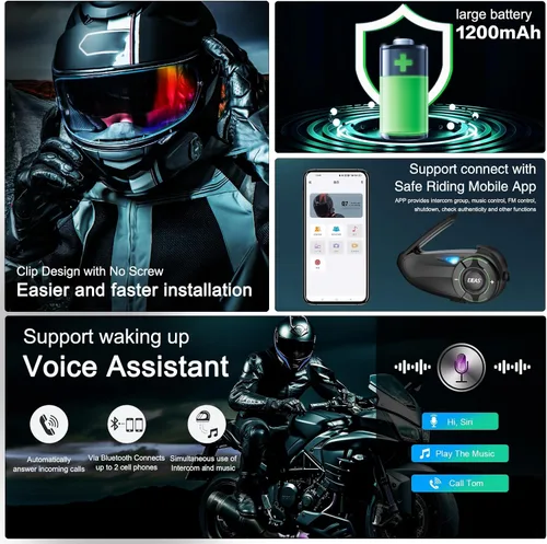Vista 6 de EJEAS Q8 Intercomunicador Bluetooth para casco de motocicleta, nuevo sistema de intercomunicación de grupo Mesh 3.0 con intercambio de música