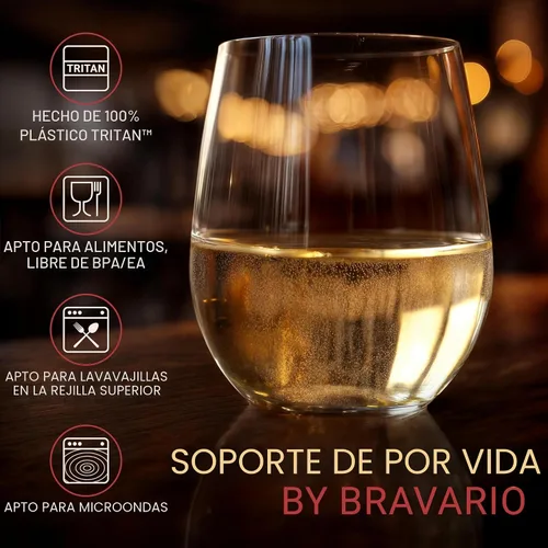 Vista 3 de Bravario Copas de vino de plástico irrompibles sin tallo, reutilizables, 100% plástico Tritan inastillables, aptas para lavavajillas, sin BPA