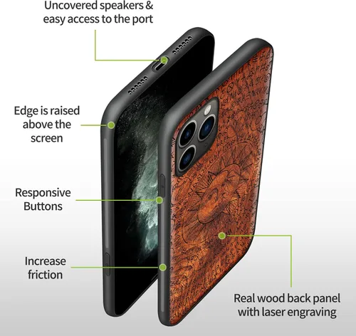 Vista 9 de Carveit Funda de madera para iPhone 11 Pro Max [madera natural y TPU suave negro] a prueba de golpes, funda protectora de madera compatible con 11