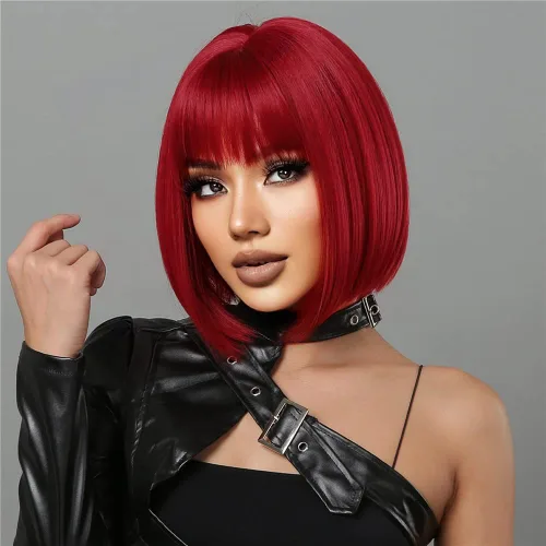 Vista 7 de Akkya Pelucas para mujeres corto color peluca con flequillo ondulado sintético Bob longitud hombro verde oscuro peluca para fiesta Halloween traje