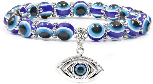 Vista 4 de Soyzvteo Pulsera de cuentas contra el mal de ojo azul Hamsa con cuentas de Hamsa, pulsera elástica de mano de Fátima turca de la suerte contra