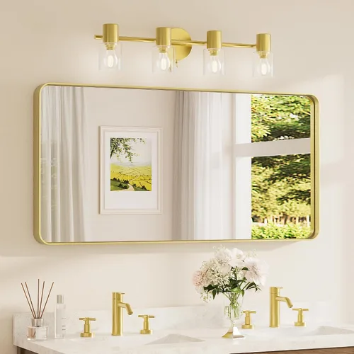 Vista 19 de Espejo de marco dorado cepillado de 16 x 24 pulgadas, espejo de tocador de baño de latón dorado para pared, espejo enmarcado rectangular de esquina