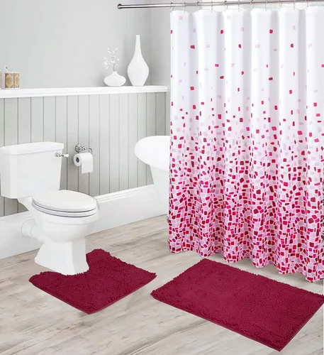 Vista 3 de Linen Plus - Juego de baño que incluye tapete de baño de felpilla suave antideslizante, tapete de contorno, cortina de ducha y ganchos de acero