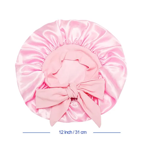 Vista 6 de Gorro de satén de seda para el cabello: 2 gorros para niños con banda elástica para atar y ajustar las correas ajustables para dormir y dormir