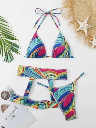 Vista 3 de OYOANGLE Conjunto de traje de baño de 3 piezas para mujer con estampado halter y liguero