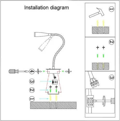 Vista 7 de Lámpara de pared con cuello de cisne LED, lámpara de lectura LED cableada con interruptor, 2 paquetes de accesorios de iluminación de cabecero