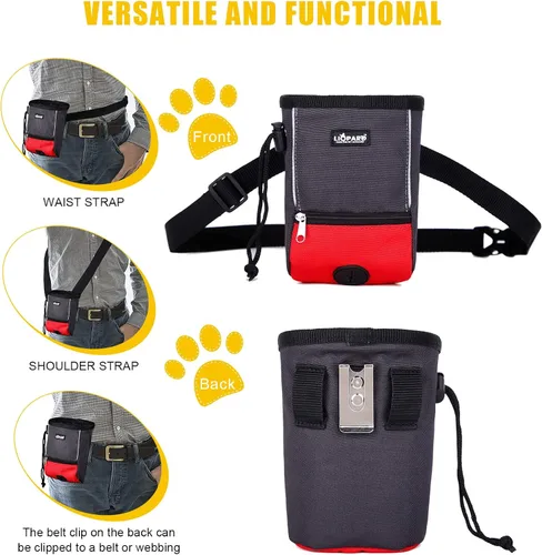 Vista 3 de LIOPARD Bolsa de golosinas para perros, control con una mano, múltiples estilos de uso, apertura inclinada, ideal para pasear y entrenar perros Rojo