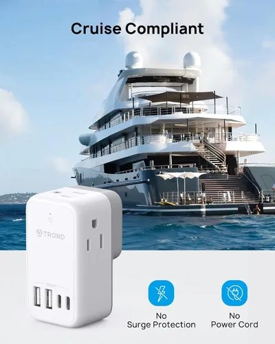 Vista 4 de TROND Toma de pared de enchufe múltiple, extensor de salida con enchufe giratorio de 360°, divisor de 3 salidas de CA con 4 puertos USB (2 USB C)