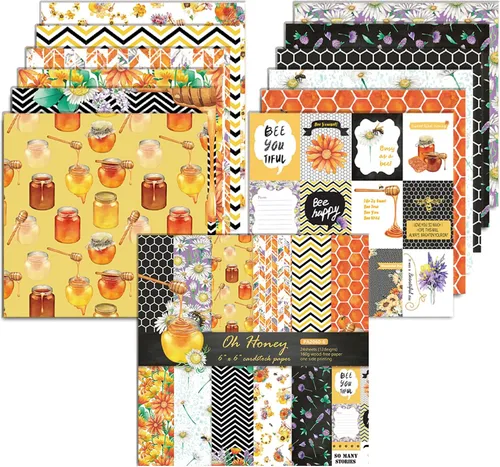 Vista 10 de Paquete de papel de origami con patrón de abeja, 24 hojas de una cara de 6 x 6 pulgadas, fondo de miel, álbum de recortes de panal de abeja, papel