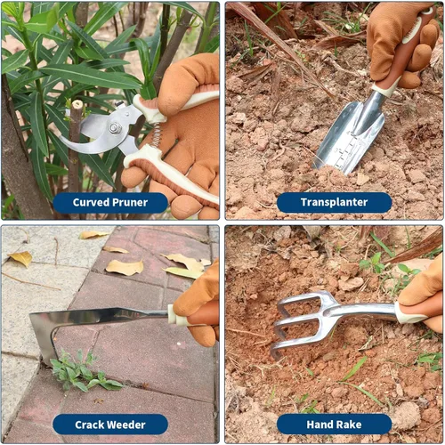 Vista 4 de Juego de herramientas de jardinería marrón de 12 piezas, kit de herramientas de mano de jardín con mango ergonómico antideslizante, bolsa