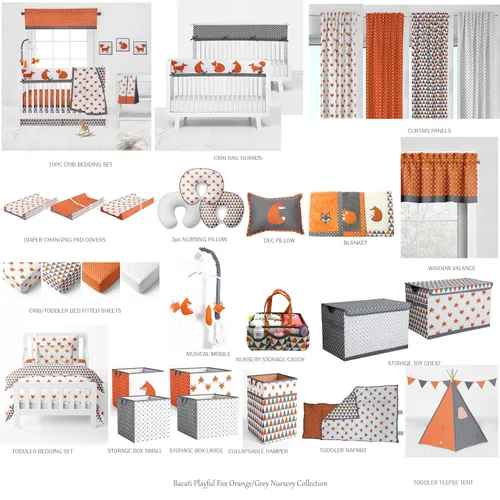 Vista 8 de Bacati Playful Foxs - Juego de ropa de cama neutra de 4 piezas, naranja/gris, 100% algodón, incluye edredón reversible, sábana bajera, sábana