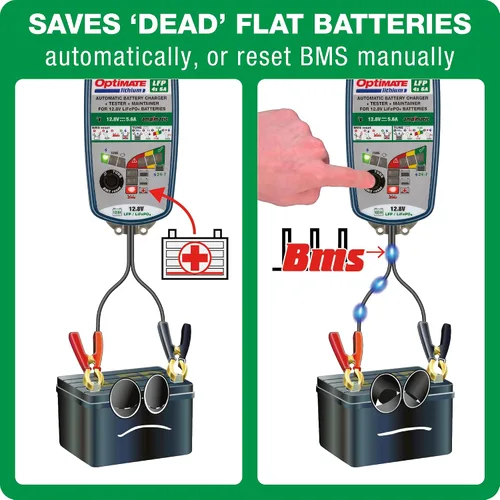 Vista 3 de Tecmate OptiMate Lithium 4s 6A, TM391, 10 pasos 12.8V 6A Lithium Expert cargador y mantenedor de ahorro de batería, azul/verde