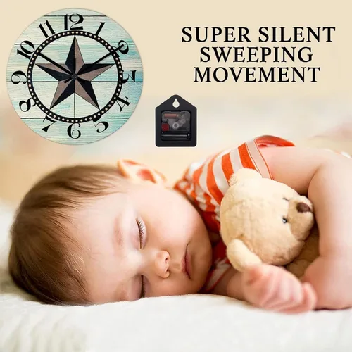 Vista 3 de Reloj de pared redondo de estilo rústico con estrellas del oeste de Texas, reloj de madera, silencioso, sin tictac, funciona con pilas, con números