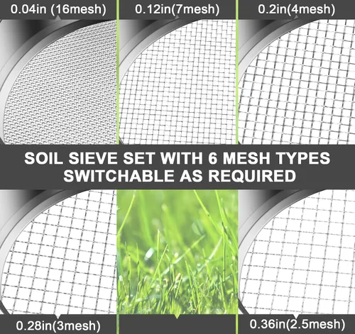 Vista 2 de Juego de tamiz de suelo bonsái para jardinería, tamiz de suelo con 5 mallas intercambiables (0.039 in, 0.118 in, 0.197 in, 0.276 in, 0.354 in)