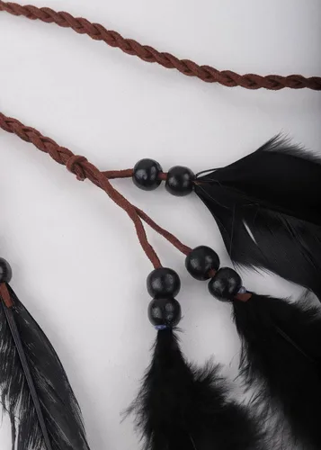 Vista 6 de Jumwrit Diadema de plumas bohemias, tocado gitano hippie con plumas negras, tocado de borla ajustable cuerda de cáñamo con cuentas, accesorios