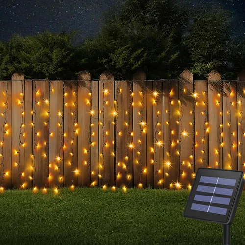 Vista 9 de DBFAIRY Cortina de luces solares, 13 x 3.3 pies, 200 luces LED solares para exteriores, impermeables, cable verde con 8 modos para decoración