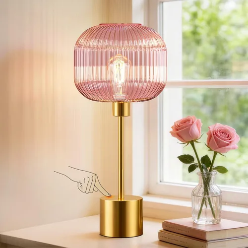 Vista 7 de QiMH - Lámpara de mesa de vidrio para sala de estar, lámpara de mesita moderna con pantalla de vidrio acanalada verde, lámpara de mesita de noche