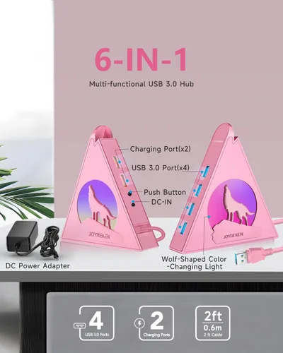 Vista 2 de Hub USB 3.0 alimentado, concentrador de 6 puertos (4 puertos de datos USB 3.0 + 2 puertos de carga inteligente) con adaptador de CA de 48 W, luz Rosa