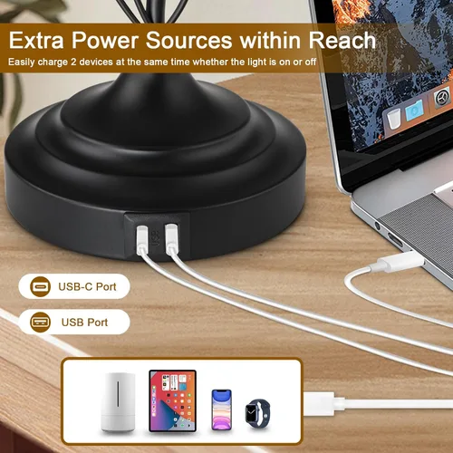 Vista 2 de Sheetea Juego de 2 lámparas de mesa estilo granja de 24.5 pulgadas, lámparas rústicas para dormitorio con 2 puertos de carga USB, pantalla de tela