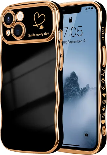 Vista 123 de LCHULLE - Funda para iPhone Air, linda para mujeres y niñas, con forma de onda, color azul bebé Luxury Plating Curly Wavy Frame with Love Heart