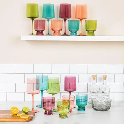 Vista 6 de Creative Co-Op Vasos soplados a mano, 6 onzas, cristalería de 4 colores surtidos, multicolor