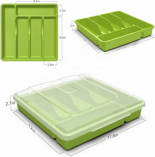 Vista 5 de Soporte para utensilios para encimera con tapa, bandeja de cubiertos de plástico para cajón (verde)