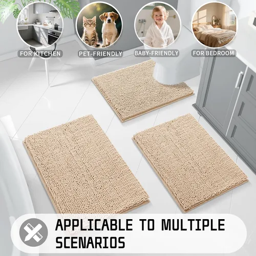 Vista 8 de Yimobra Tapetes de baño lavables, de chenilla súper suave y absorbente, para suelo y alfombra, de secado rápido, antideslizante, para bañera y Beige