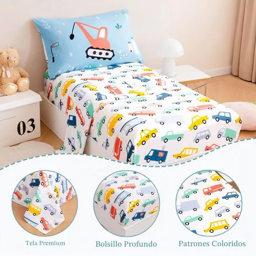 Vista 4 de PERFEMET Juego de cama de 4 piezas para niños pequeños con edredón de autos para niños, reversible, ligero, vehículos azules, juego de cama