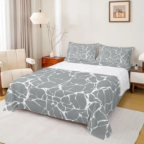 Vista 21 de Erosebridal Juego de sábanas de mármol metálico plateado, tamaño individual, color gris plateado, con purpurina, diseño de textura de mármol
