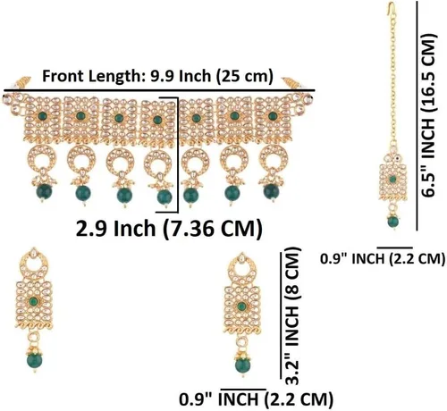Vista 2 de Efulgenz Indian Jewelry Set Kundan Crystal Choker Necklace Dangle Earrings Maang Tikka Head Chain Bollywood Wedding Jewelry for Women