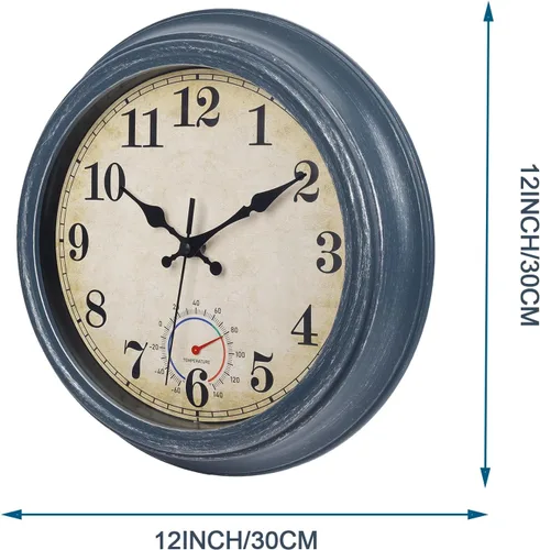 Vista 2 de Relojes para exteriores impermeables con termómetro, reloj de pared costero rústico para patio, piscina, jardín (12 pulgadas, azul)