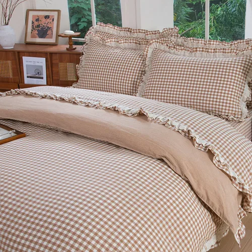 Vista 24 de FADFAY Twin 100% Washed Cotton Black & White Gingham Ruffle Duvet Cover Set Soft, Breathable, Crisp, Hidden Zipper Closure, 8 Corner Ties