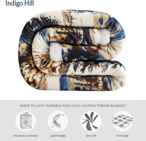 Vista 4 de Indigo Hill by HiEnd Accents Acadia - Manta de sherpa con estampado de pinos bosques, naturaleza, bosque, montaña, manta occidental para acampar al