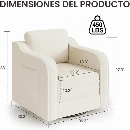 Vista 2 de FiveWillowise Silla giratoria decorativa para sala de estar, sillón tapizado de 30 pulgadas en barril, cómodo sillón moderno individual para Blanco