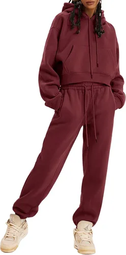 Vista 8 de Kissonic Conjunto deportivo de forro polar para mujer, 2 piezas, sudadera con capucha y pantalones deportivos