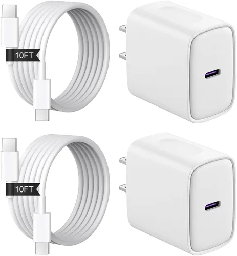 Vista 11 de Cargador de carga rápida para iPhone 17, 16, 15, paquete de 2+2 cargadores de pared USB C de 20 W con cable de carga rápida de 6 pies compatible