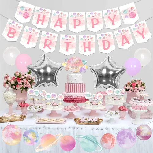 Vista 2 de Decoraciones de cumpleaños de primer viaje alrededor del sol, pancarta rosa para silla alta y decoración de pasteles, guirnalda de feliz cumpleaños