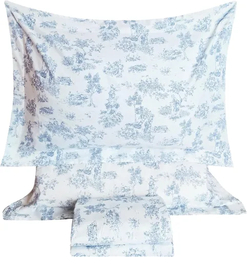 Vista 10 de QSH 100% Sábanas de algodón para cama tamaño Queen - Estampado floral azul de plantas patrón botánico lujoso de algodón estampado floral ropa