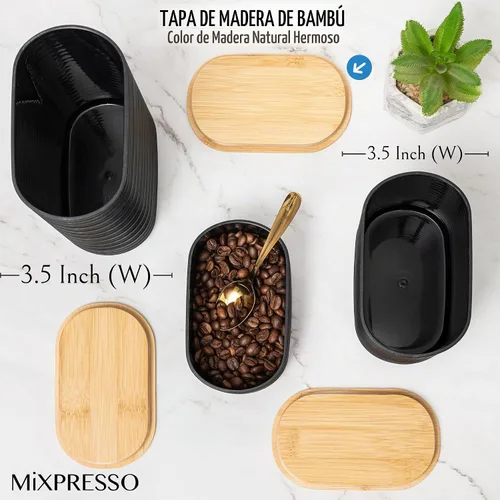 Vista 3 de Mixpresso Juego de recipientes negros para la cocina – Juego de recipientes herméticos de plástico para azúcar de 3 piezas con tapas de bambú