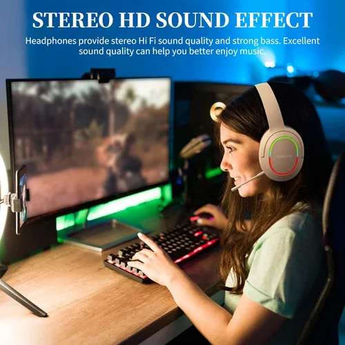 Vista 2 de Auriculares Bluetooth, auriculares para juegos sobre la oreja con micrófono, control de volumen y auriculares plegables, 2 modos con cable