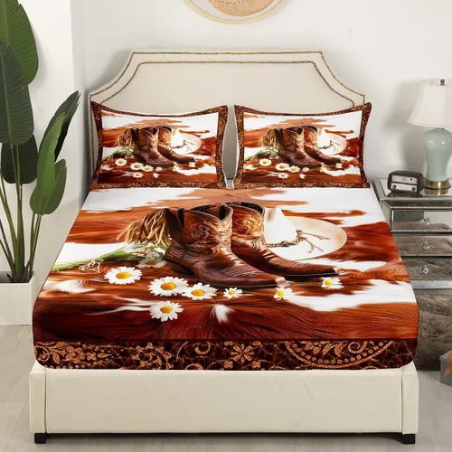 Vista 3 de Manfei Sábana bajera ajustable de vaquero occidental, tamaño individual, funda de cama con 1 funda de almohada, juego de ropa de cama con estampado
