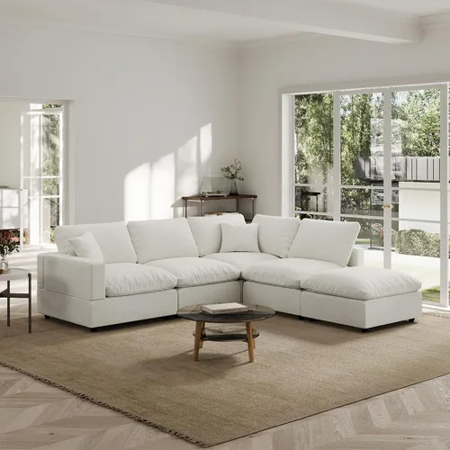Vista 60 de Sofá seccional moderno de lino en forma de L para sala de estar, sofás modulares con relleno de plumón, fundas de cojín de sofá desmontables, sofá